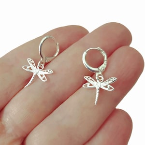 Sterling Silver Dragonfly Hoops, Huggie Earrings with Insect Dangles, Summer Spring Jewelry.