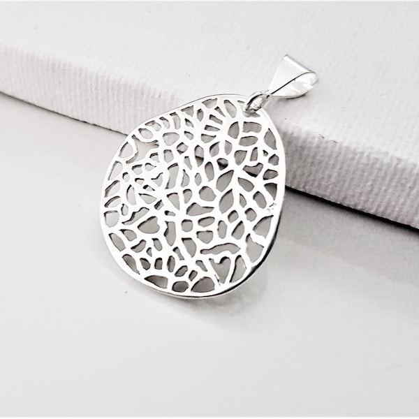 925 Sterling Silver Freeform Large Pendant,  Filigree Organic Shape Chunky  Charm for Necklace , Great Gift Idea.