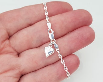 Elegant Sterling Silver Heart Bracelet, 3D Puffy Heart Charm Bracelet, Silver Mariner Anchor Bracelet.