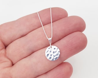 Sterling Silver Hammered Disc Necklace, Circle Disc Pendant Dainty Necklace, Lightweight Minimalist Jewelry, Gift for Her.