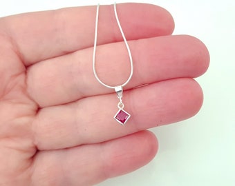 Sterling Silver Pink CZ Necklace, Small Cube CZ Pendant Necklace, Delicate Dainty Necklace.