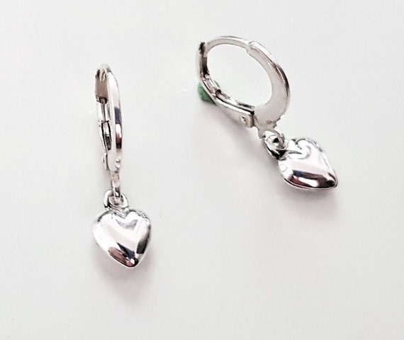 Sterling Silver Heart Hoops Dangles, Tiny Heart Charm Drop