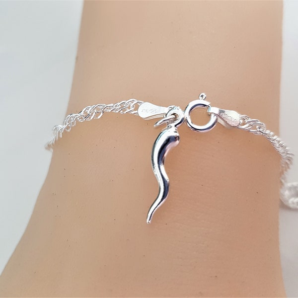 925 Silver Singapore Chain Bracelet with Puffy Italian Horn Charm, Sterling Silver Chilli Pepper Bracelet, Gift for Her.