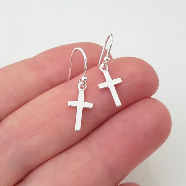 Sterling Silver Cross earrings, Small Dangle Earrings, Lightweight Cross Charm Earrings, Dainty Minimalist Jewelry.