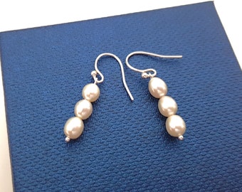 Sterling Silver White Pearl Drop Earrings, Dainty Freshwater Pearl Bar Earrings, French Hook Dangle Earrings, Wedding Jewelry