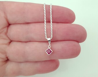 Sterling Silver Pink CZ Necklace, Small Cube CZ Pendant Necklace, Delicate Dainty Necklace.