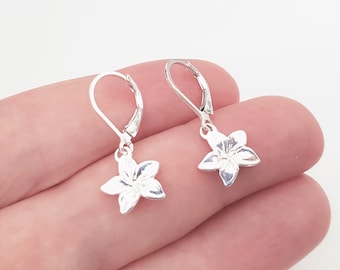 Sterling Silver Flower Dangle Earrings, Small Flower Charm Huggie Earrings, 925 Silver Dainty Minimalist Earrings, Bridesmaid Earrings.