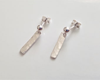 Sterling Silver Drop Bar Earrings, Small Studs with Hammered Bar Charms, Minimalist Plane  925 Silver Earrings.