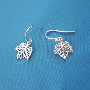Peut inclure: Une paire de boucles d'oreilles pendantes argentées présentant un motif de feuille ajouré délicat. Chaque boucle est suspendue à un crochet incurvé, mettant en valeur des détails découpés complexes qui imitent les nervures d'une petite feuille.