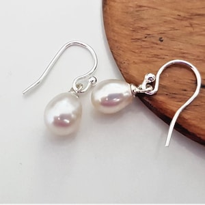 Sterling Silver Freshwater Pearl Earrings, Dainty Teardrop Pearl Earrings, French Hook Dangle Earrings, Wedding Jewelry.
