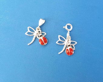 Sterling Silver Insect Double Charm, Ladybug Dragonfly Pendant, Spring Summer Good Luck Jewelry.