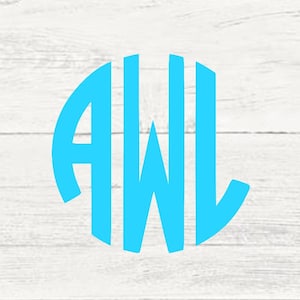 May include: A teal monogram design featuring the letters AWL in a circular arrangement. The letters are bold and stand out against a white wood grain background. The text "Aqua Vinyl" is in the lower left corner.