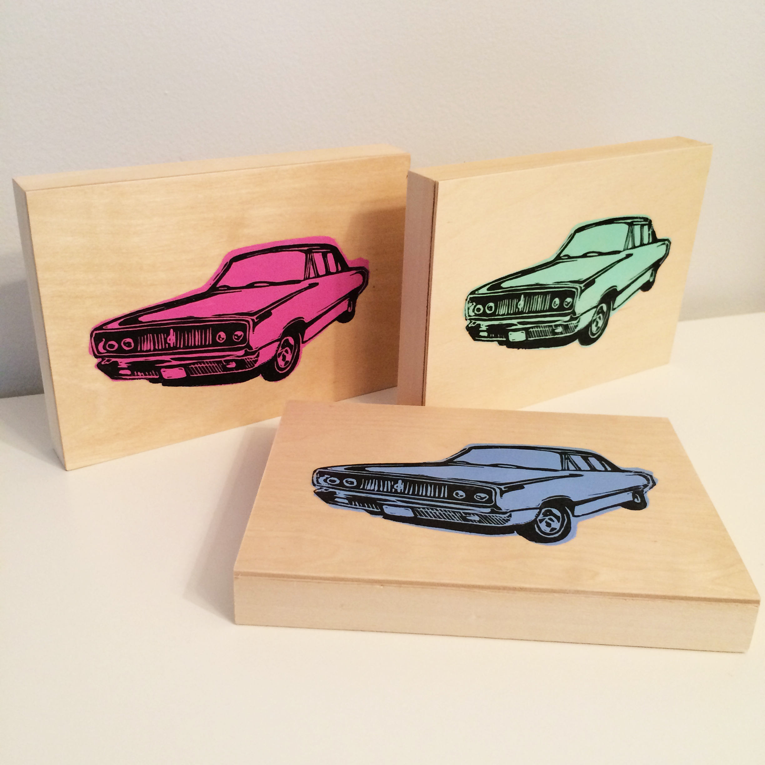 Classic Car Lino Cut Relief Print on Wood Panel Pink Etsy