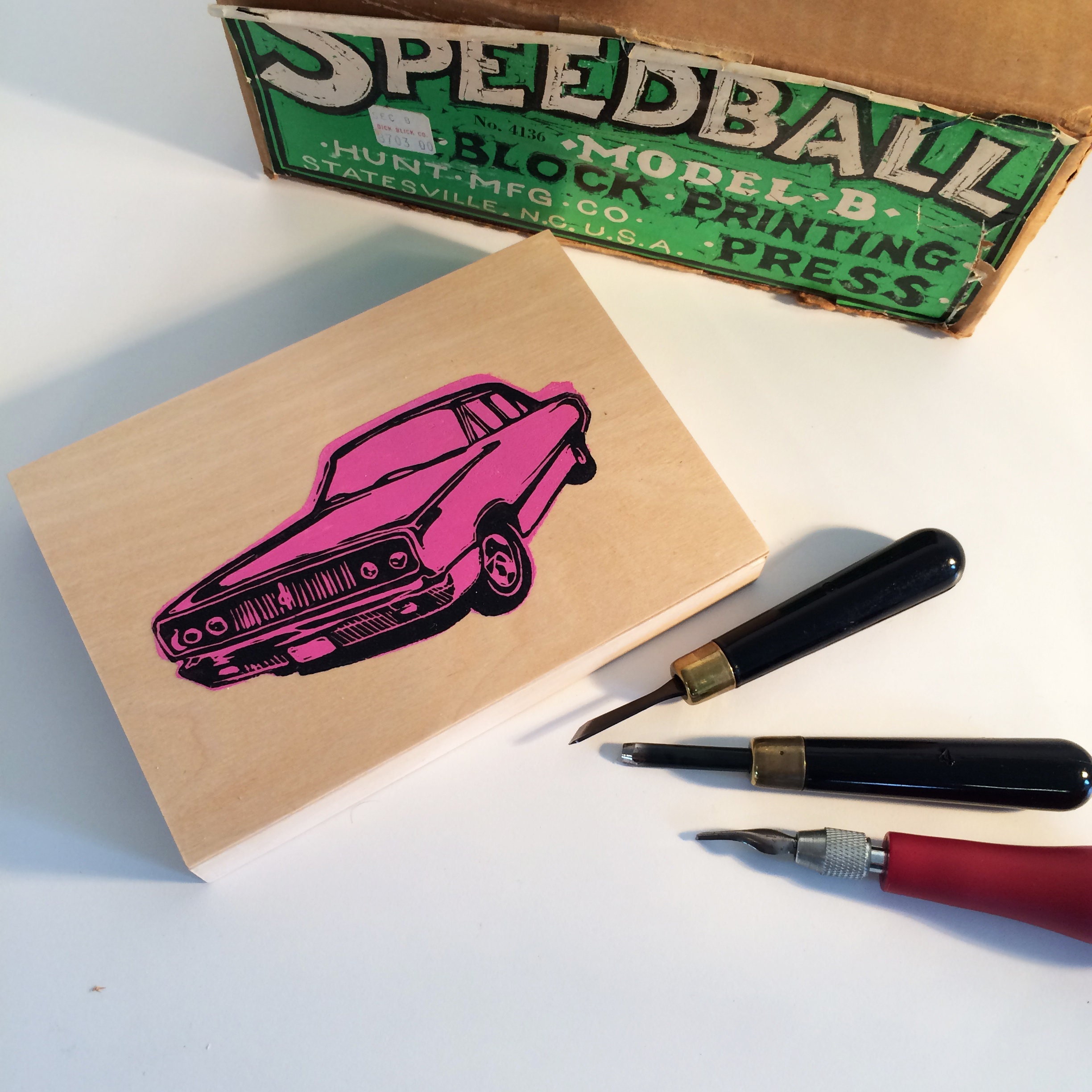 Classic Car Lino Cut Relief Print on Wood Panel Pink Etsy