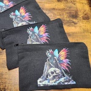 Gothic Fairy Zippered Pouch | Rainbow Skeleton Fairy with Skull | 7x4.5” Canvas Bag for Journaling, Makeup, Art Supplies, Travel & More