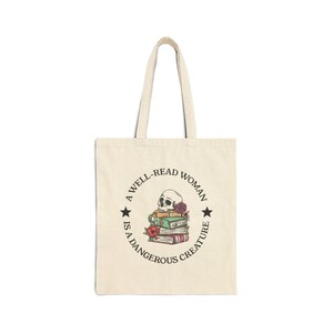 Literary Skull Tote Bag - A Well-Read Woman is a Dangerous Creature, Book Lover Gift, Library Bag, Eco-Friendly Shopping Bag, Bookish