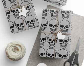 Gothic Skull Black and Gray Wrapping Paper, Edgy Gift Wrap, Halloween Décor, Birthday Present Wrap