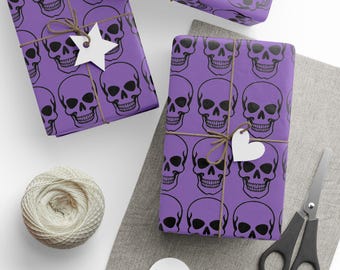 Gothic Skull Black and Purple Wrapping Paper, Edgy Gift Wrap, Halloween Décor, Birthday Present Wrap