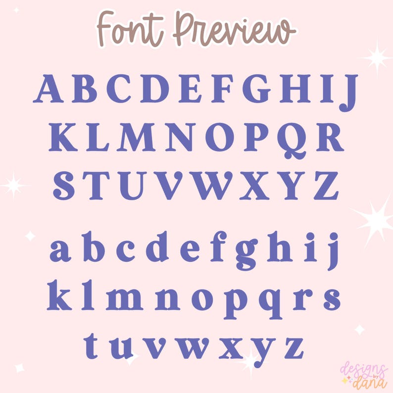May include: A font preview graphic with the words "Font Preview" in a cursive font at the top. The alphabet is displayed in uppercase and lowercase, in a purple color, against a light pink background.