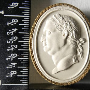 May include: A white cameo with a gold-coloured frame, depicting a profile of a man wearing a laurel wreath. The cameo is approximately 3.5 cm in diameter.