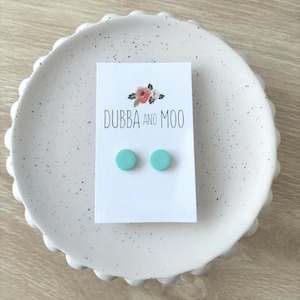 May include: A pair of teal blue stud earrings on a white card with the text "Dubba and Moo".