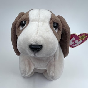 Puede incluir: Un perro de peluche con pelaje marrón y blanco, ojos negros y nariz negra. El perro tiene orejas caídas y una etiqueta adjunta a su oreja. El juguete es un Beanie Baby.