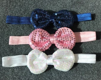 Baby bow headband set, Baby Bows, Puffy Sequin Bow Headbands, Sparkly Bows, Baby Bows Headbands, Navy Bow, White Bow, Pink Bow, Newborn bows