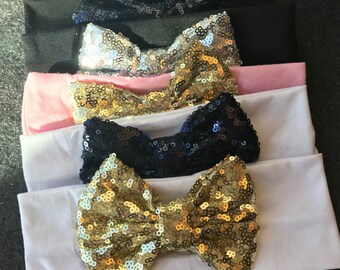 Set of 5 Sequin Bow Cotton Headbands, Set of 5 Sparkling Bow Headbands, Baby Girls Sequin Bow Headbands Turbans, Baby Bows, Toddler Bows