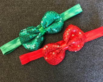 Set of 2 Christmas Baby Headband, Sparkly Baby Bow Headbands, Sequin Bow Headbands, Red Sequin, Green Sequin Bow Headbands