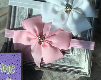 Baby Girl bling bow headband set, Newborn Bows, Rhinestone Bows, Baby Bows, Bling Bows, Infant Bows, Toddler, Set of Baby Bow Headbands
