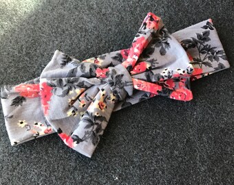 Gray Floral Big Bow Turban Headband, Baby Big Bow Headband, Toddler Big Bow Headband, Baby Headband, Baby Headwrap, Messy Bow Headband