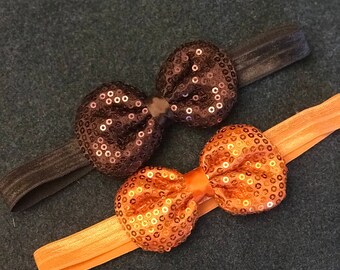 Set of 2 Thanksgiving Baby Headband, Sparkly Baby Bow Headbands, Sequin Bow Headbands, Brown Sequin, Orange Sequin Bow Headbands, Toddler
