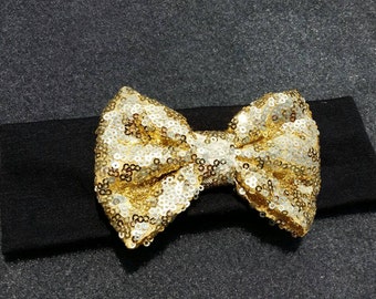 Gold Bow Headband,  Baby Head Wrap, Baby Girls Sparkling Sequin Gold Bow Headband, Turban, Glitter Gold Bow, New Years Baby, Baby Bows