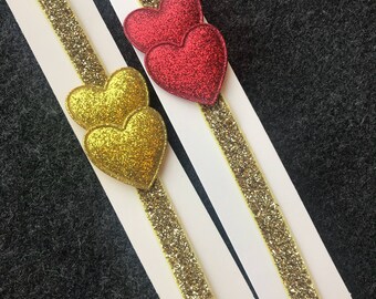 Valentine's Day Baby Headband, Glitter Headband, Bling Headband, Toddler, Newborn, Infant, Heart Headband, Gold Headband, Heart Headband