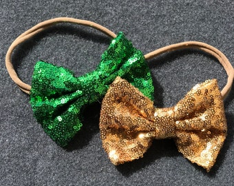 St Patricks Day Sequin Headbands, Baby Headbands, Nylon Baby Headbands, Nylon Headbands, Sparkly  Bow Headbands, Toddler Headbands