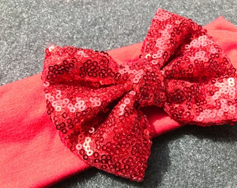 Red Glitter Hair Bow Headband, Red Sequin Bow Headband, Baby Bows, Baby Headbands, Toddler Bows, Hair Bows for Girls, Valentine Headband