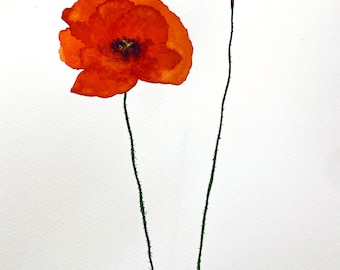 Red Poppy Flower Watercolor Original Painting Floral Abstract Artwork