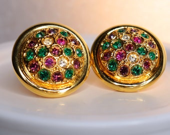 large colored earrings Round Clip on earrings Rhinestone earrings golden ton earrings multi crystal earrings