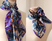 purple blue scarf Italy silk scarf square simple headscarf for women neck scarf Vintage Accessories gift for mom 39 s blue orange scarf