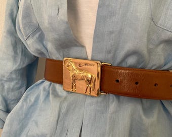 Vintage Mondi äkta läderbälte med guldfärgat hästspänne, tillverkat i Tyskland, storlek 40