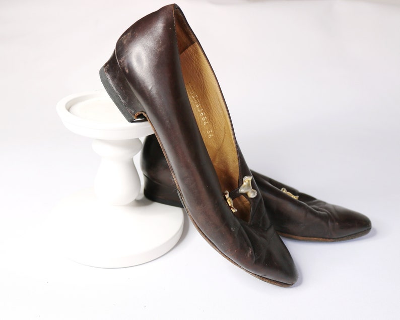 Baldinini Italien skor US6 EU36 UK4 antika pumps edwardianska skor vintage 50-talsskor bruna läderskor lyxmärkesskor bild 2
