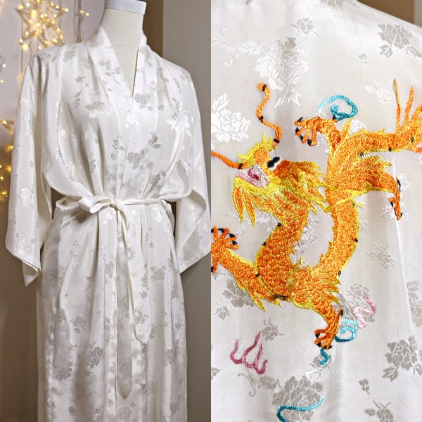 Golden Bee kimono Brodé dragon kimono robe vieille porcelaine kimono vintage robe blanc satin Robe de chambre Asiatique Manteau Veste Robe