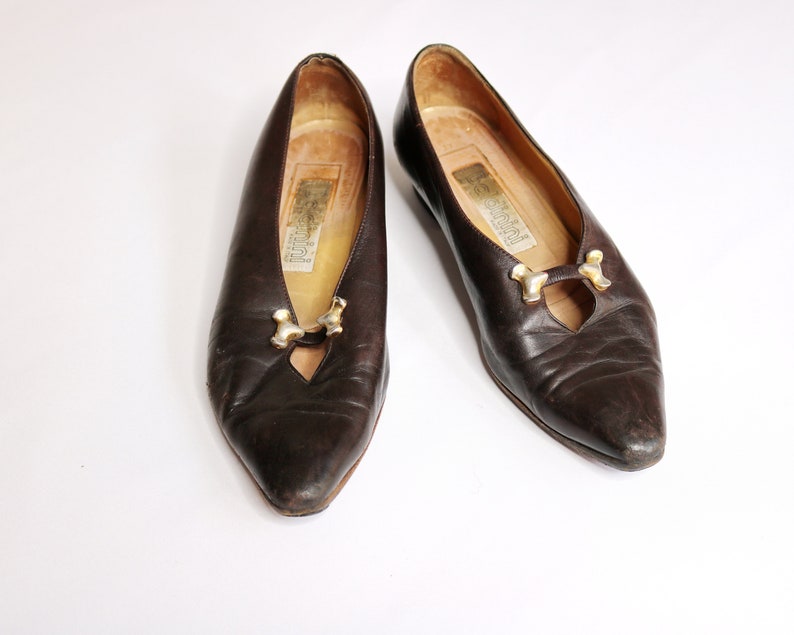 Baldinini Italien skor US6 EU36 UK4 antika pumps edwardianska skor vintage 50-talsskor bruna läderskor lyxmärkesskor bild 9