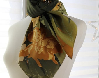 Ivy Laroque France signed scarf Floral silk scarf square gift for wife tropical plants scarf chartreuse scarf Green silk scarf Vintage scarf