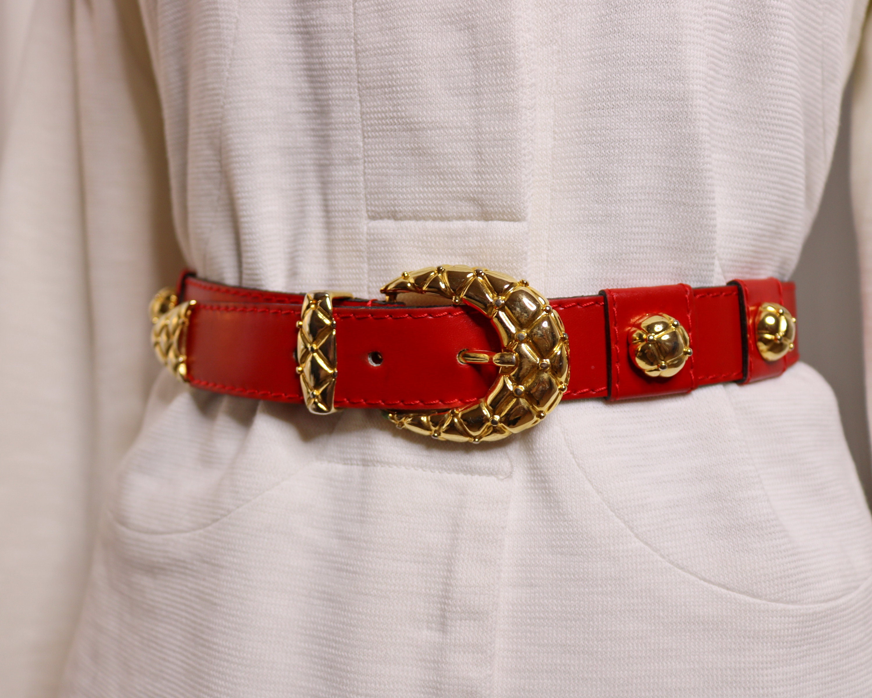 Red Vintage Belt Olpan Signed Belt Gold Buckle Belt Brass 