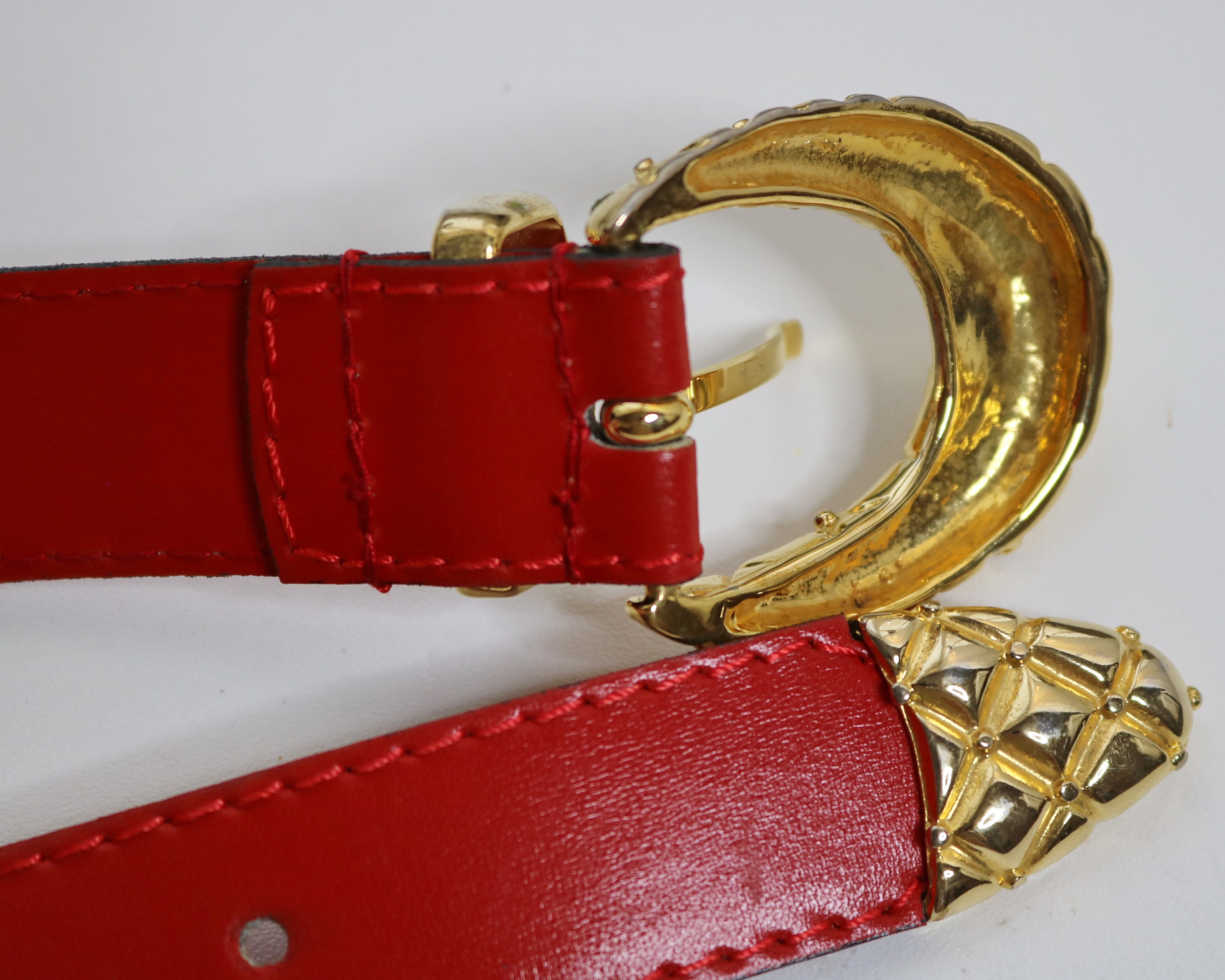Vintage Olpan Italian Leather Cummerbund Belt Red Silk Bow Gold Hardware Sz S Red Vintage Belt Olpan Signed Belt Gold Buckle Belt Brass  main image 2