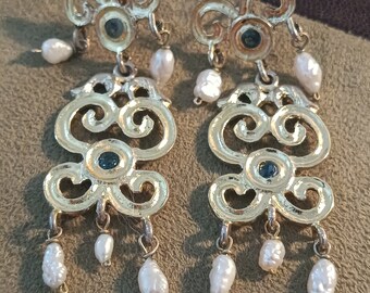 vintage Art Deco Sterling Silver chapado en oro Pearl Drop Pendientes pendientes de araña Italia pendientes vintage