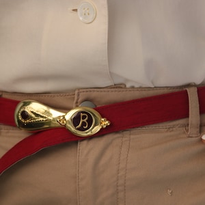 gold buckle belt B letter logo belt red fabric belt narrow dress strap Red narrow belt