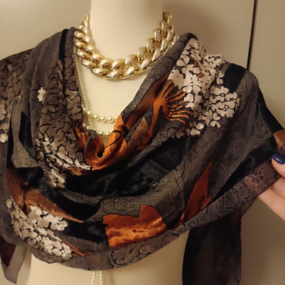 vivid brown scarf Italy silk velvet wrap Elegant … - image 10