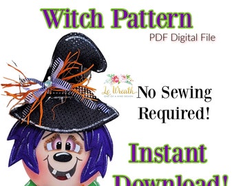 Halloween Witch Pattern, No Sew Witch PDF Pattern, Witch Wreath Attachment, Witch Head Digital Pattern